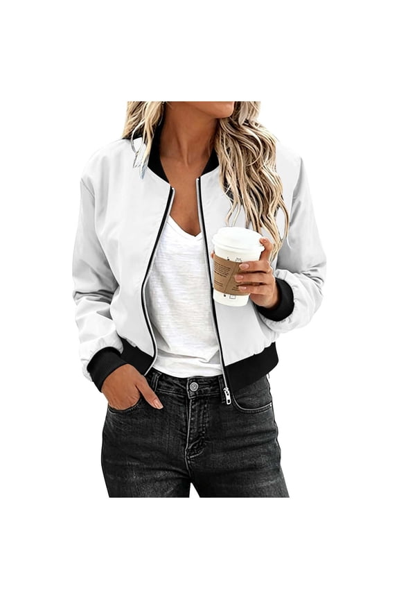 Women's Zip Up Cropped Bomber Jacket Ribbed Trim Stand Collar Lightweight Windproof Windbreaker Coat Spring Fall Casual Outerwear White