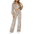 thumbnail image 1 of Women's Zip Up Cropped Jacket 2 Piece Loungewear Soft Velour Top Wide Leg Pants Sets with Pockets Loose Casual Tracksuit Y2K Streetwear Khaki, 1 of 7