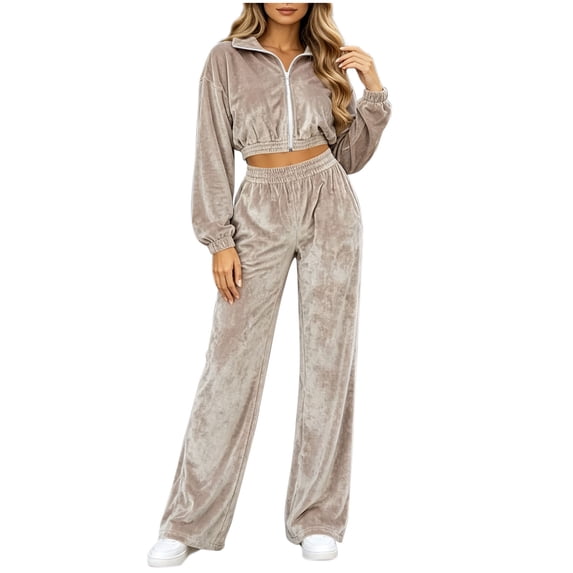 Women's Zip Up Cropped Jacket 2 Piece Loungewear Soft Velour Top Wide Leg Pants Sets with Pockets Loose Casual Tracksuit Y2K Streetwear Khaki