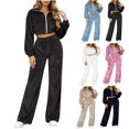 thumbnail image 1 of Women's Zip Up Cropped Jacket 2 Piece Loungewear Soft Velour Top Wide Leg Pants Sets with Pockets Loose Casual Tracksuit Y2K Streetwear White, 1 of 7