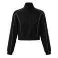 thumbnail image 1 of Women's Zip Up Cropped Jacket Long Sleeve Stand Collar Striped Trim Casual Track Jacket Elastic Cuffs Short Athletic Outerwear Black,M, 1 of 7
