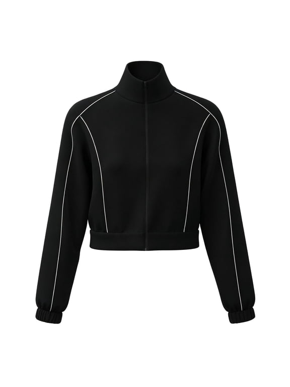 Women's Zip Up Cropped Jacket Long Sleeve Stand Collar Striped Trim Casual Track Jacket Elastic Cuffs Short Athletic Outerwear Black,S