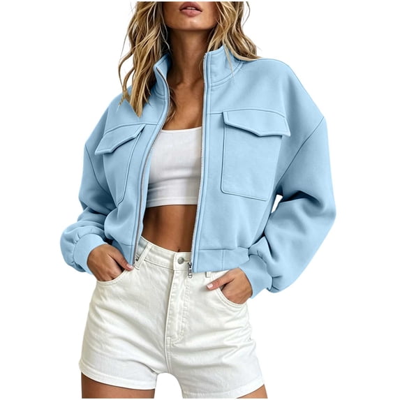 Women's Zip Up Cropped Jacket Stand Collar Long Sleeve Casual Short Sweatshirt Jackets Lightweight Oversized Utility Coat with Pockets Light Blue