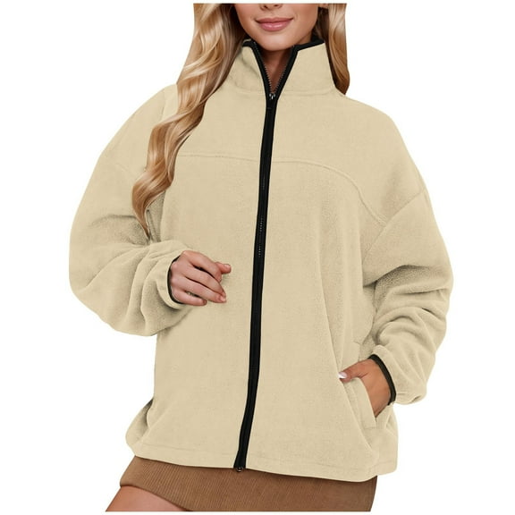 Women's Zip Up Fleece Jackets Stand Collar Fuzzy Coats Solid Color Long Sleeve Outerwear with Pockets Fall Winter Jacket (Beige 2XL)