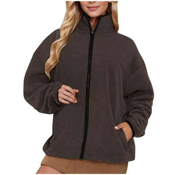 Women's Zip Up Fleece Jackets Stand Collar Fuzzy Coats Solid Color Long Sleeve Outerwear with Pockets Fall Winter Jacket (Brown S)