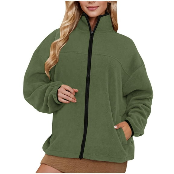 Women's Zip Up Fleece Jackets Stand Collar Fuzzy Coats Solid Color Long Sleeve Outerwear with Pockets Fall Winter Jacket (Green 2XL)