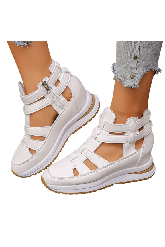 Women's Zip Up High Top Platform Wedge Sandals Closed Toe Cut Out Non Slip Lightweight Hiking Sandal for Summer White Size 7.5