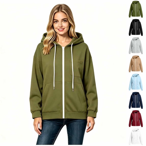 Women’s Zip‑Up Hooded Drawstring Sweatshirt , Fall Winter Long Sleeve Hoodie with Pockets, Women's ,Size L-5XL