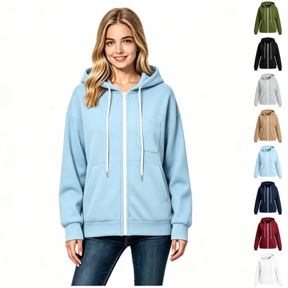 Women’s Zip‑Up Hooded Drawstring Sweatshirt , Fall Winter Long Sleeve Hoodie with Pockets, Women's ,Size L-5XL