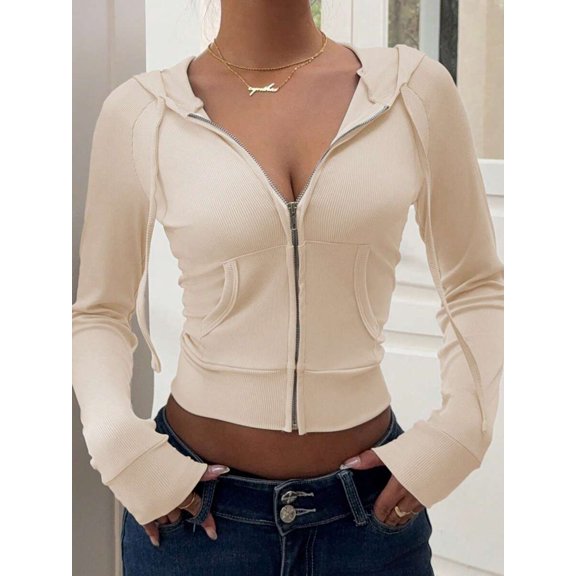 Women's Zip Up Hooded Jacket, Solid Color Long Sleeve Casual Hoodie, Lightweight Outerwear for Fall and Winter