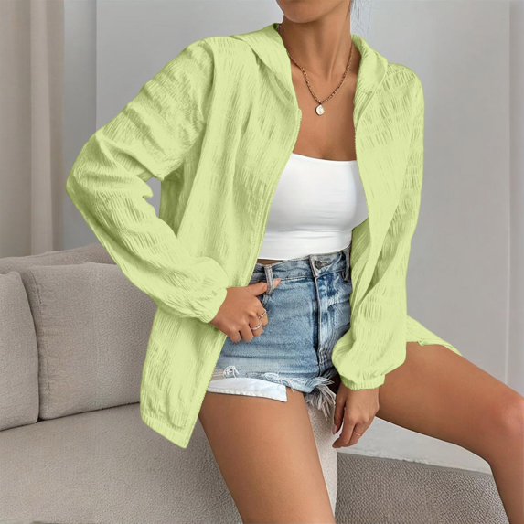 Women's Zip Up Hooded Jacket Textured Long Sleeve Lightweight Cardigan Casual Loose Outerwear For Beach, Casual Outings S
