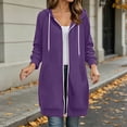 thumbnail image 1 of Women's Zip‑Up Hooded Long Cardigan, Drawstring‑Adjustable Hood, Full‑Zip and Side‑Slit Pockets, Ribbed Sleeve Cuffs, Loose‑Fit Neighborhood‑Walk Outerwear Purple S, 1 of 7