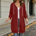 thumbnail image 1 of Women's Zip‑Up Hooded Long Cardigan, Drawstring‑Adjustable Hood, Full‑Zip and Side‑Slit Pockets, Ribbed Sleeve Cuffs, Loose‑Fit Neighborhood‑Walk Outerwear Red S, 1 of 7