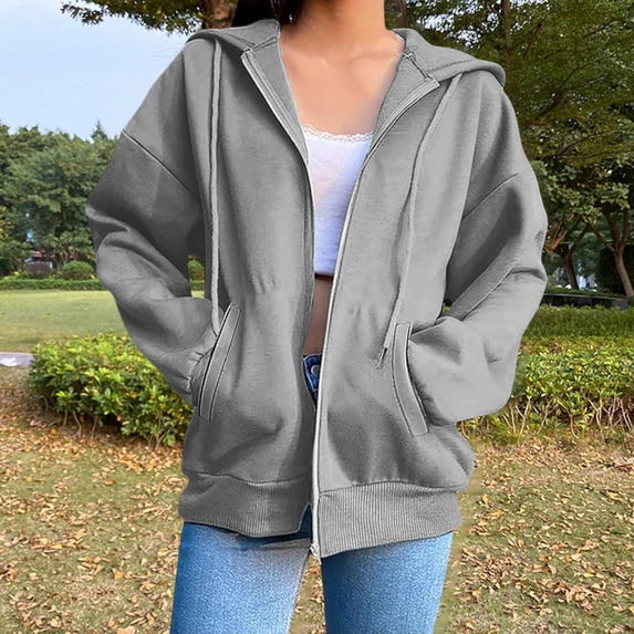 Women's Zip Up Hooded Sweatshirt with Pockets, Long Sleeve Casual Pullover for Streetwear, Loose Fit Comfort for Fall and Daily Outfits-Gray