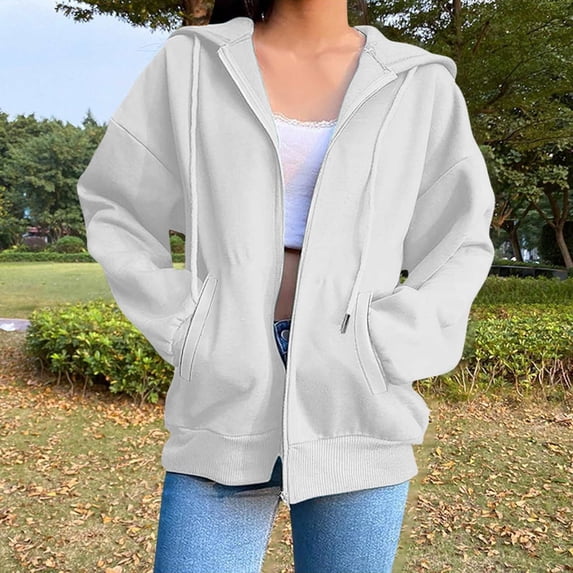 Women's Zip Up Hooded Sweatshirt with Pockets, Long Sleeve Casual Pullover for Streetwear, Loose Fit Comfort for Fall and Daily Outfits-White