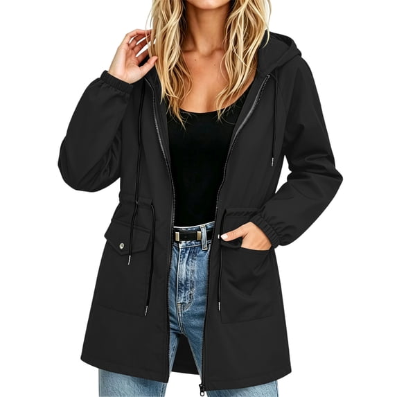 Women's Zip Up Hooded Windbreaker Jacket Drawstring Waist Mid Length Casual Trench Coat with Pockets Fall Winter Outerwear for Outdoor Black