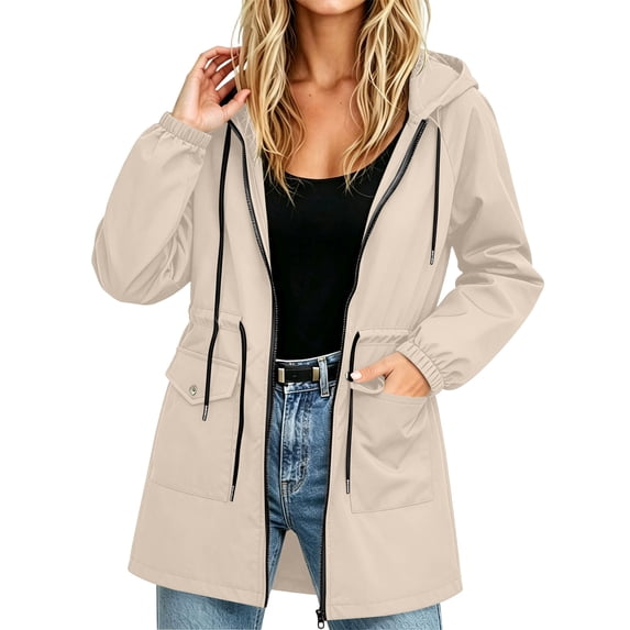 Women's Zip Up Hooded Windbreaker Jacket Drawstring Waist Mid Length Casual Trench Coat with Pockets Fall Winter Outerwear for Outdoor Khaki