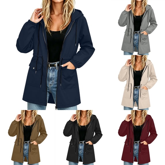 Women's Zip Up Hooded Windbreaker Jacket Drawstring Waist Mid Length Casual Trench Coat with Pockets Fall Winter Outerwear for Outdoor Wine