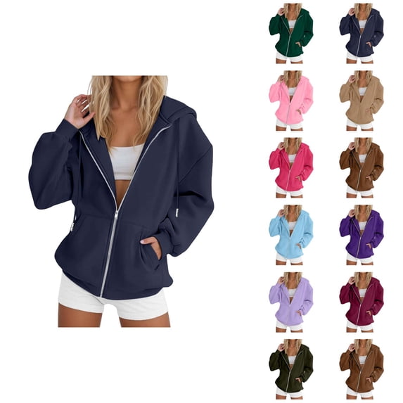 Women's Zip Up Hoodie 2025 Casual Long Sleeve Solid Color Hooded Sweatshirt with Pockets Jacket Coat
