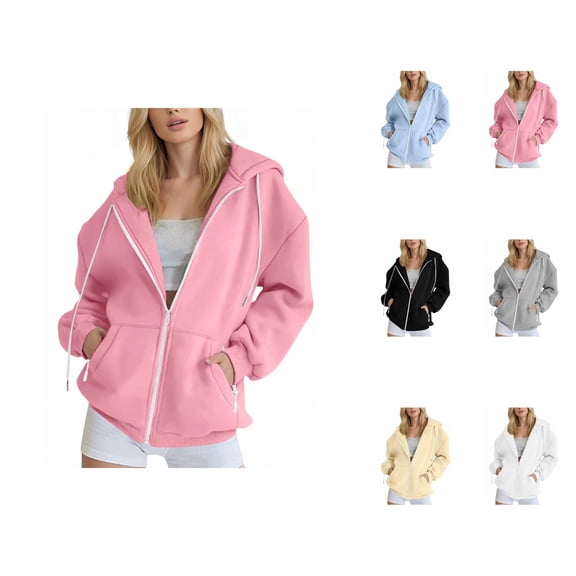 Women's Zip Up Hoodie 2025 Fall Winter Long Sleeve Plain Hooded Sweatshirt with Pockets Jacket Coat Outerwear