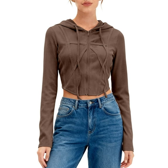 Women's Zip Up Hoodie Cropped Sweatshirt Y2K Tops Fall Outfits 2025 Trendy Casual Jackets,Color:Brown,Size:M