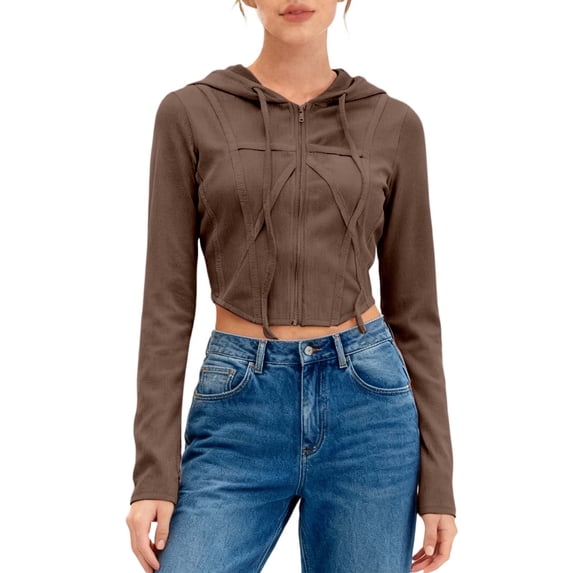 Ticikt Women's Zip Up Hoodie Cropped Sweatshirt Y2K Tops Fall Outfits Trendy Casual Jackets,Color:Brown,Size:M