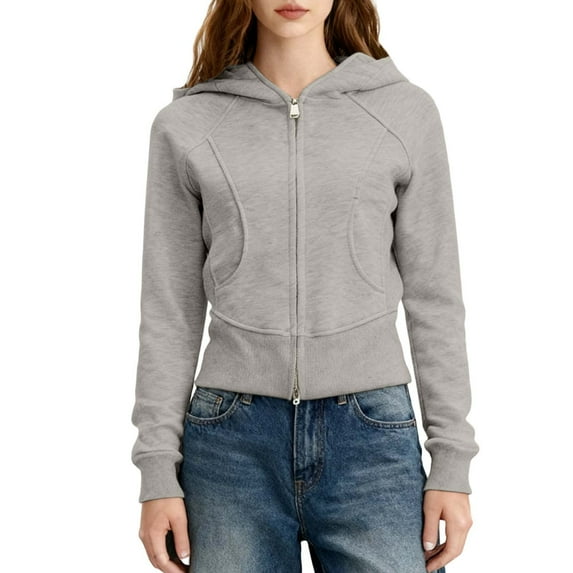 Women's Zip Up Hoodie Cropped Sweatshirt Y2K Tops Fall Outfits 2025 Trendy Casual Jackets,Color:Light Gray,Size:M