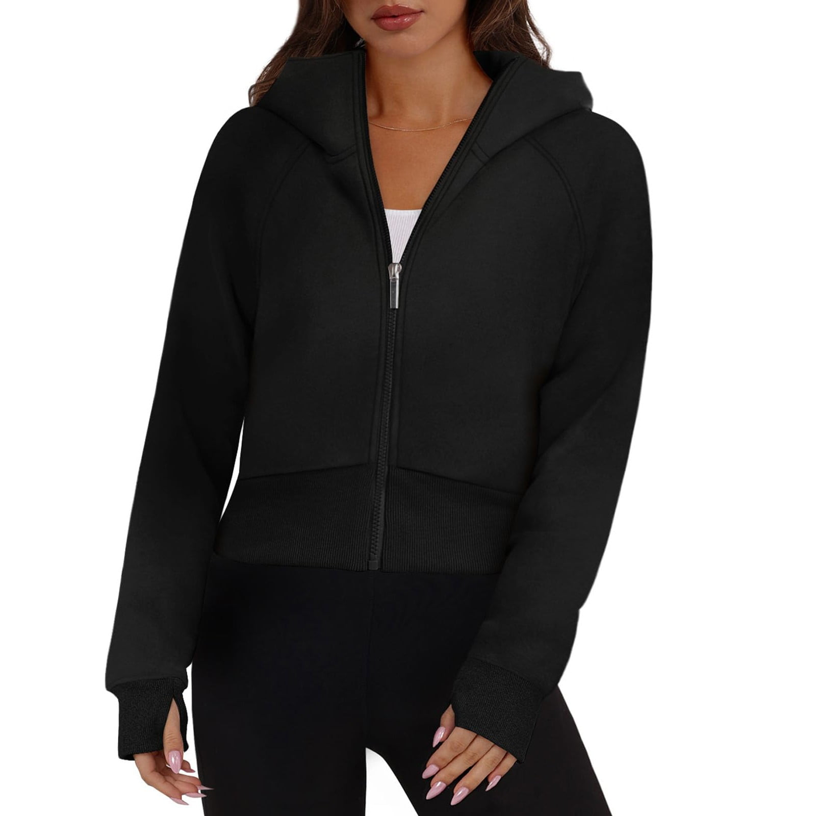 Fgvctg Women s Zip Up Hoodie Fashion Cropped Hoodies Cute Long Sleeve Fall Jackets Thumbhole Casual Outfits Black XL Walmart