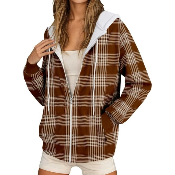 Women's Zip Up Hoodie Fleece Lined Fall Winter Casual Long Sleeve Jackets with Pockets Plaid Print Loose Pullover Tops