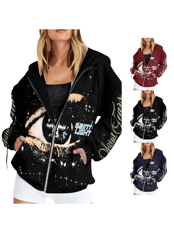 Women's Zip-Up Hoodie Goth Eye Moon Star Graphic Full Zip Long Sleeve Hooded Jacket Streetwear Punk Sweatshirt Top