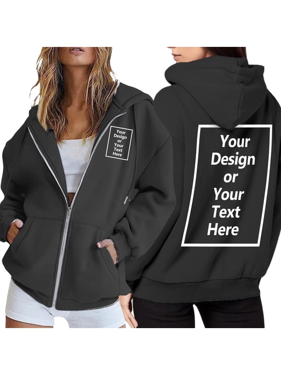 Women's Zip Up Hoodie Jacket Custom Text Print Back Graphic Sweatshirt Pockets