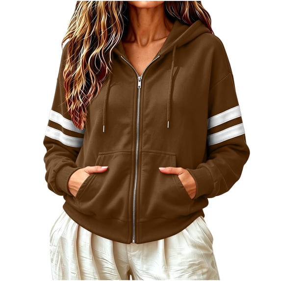 Women's Zip Up Hoodie Jacket Striped Sleeve Long Sleeve Casual Loose Fit Sweatshirt Coat Y2K Streetwear Spring Fall Outwear with Pocket Coffee