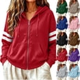 thumbnail image 1 of Women's Zip Up Hoodie Jacket Striped Sleeve Long Sleeve Casual Loose Fit Sweatshirt Coat Y2K Streetwear Spring Fall Outwear with Pocket Red, 1 of 7