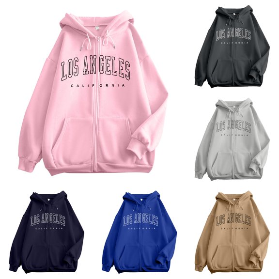 Women's Zip-Up Hoodie Los Angeles Graphic Print Long Sleeve Oversized Hooded Sweatshirt Streetwear Pullover Top