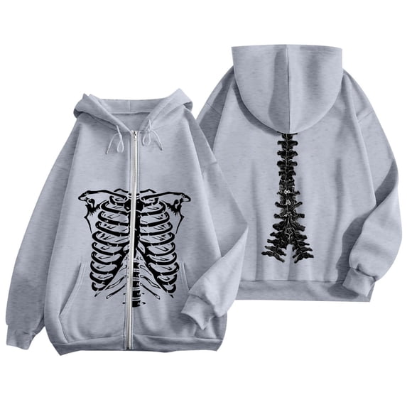 Women's Zip Up Hoodie Oversized Skeleton Graphic Jacket for Streetwear and Casual Comfort Versatile Spring Fashion Gray M