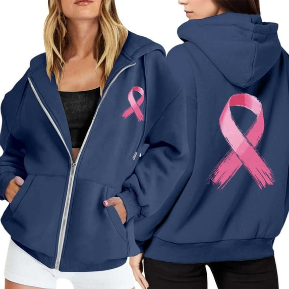 Women's Zip Up Hoodie Pullover Cancer Awareness Month Long Sleeve Pocket Drawstring Casual Sweatshirt For Everyday Wear