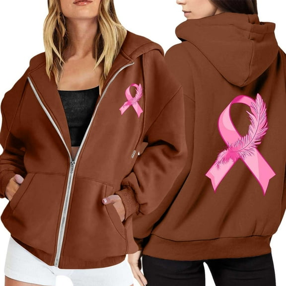 Women's Zip-Up Hoodie Pullover, Long Sleeve Cancer Awareness Sweatshirt with Pocket & Drawstring, Plus Size Casual Athletic Comfort Hooded Sweatshirt for Everyday Wear