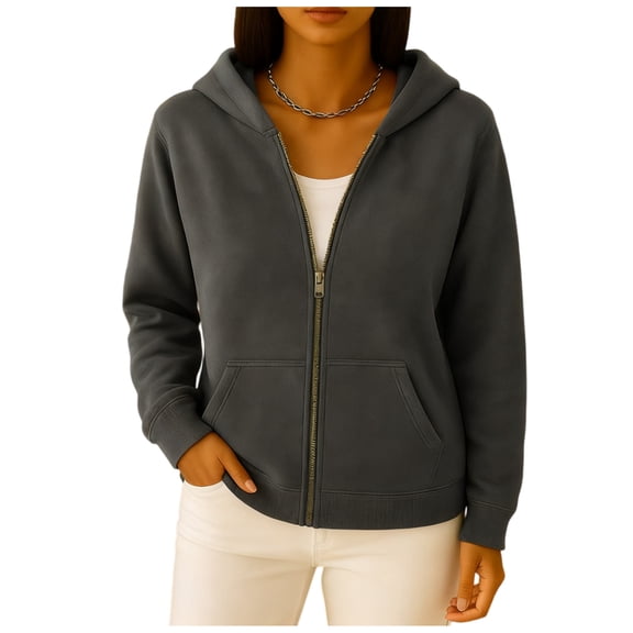 Women's Zip Up Hoodie, Solid Color French Terry Fleece Pullover with Front Pockets, Casual Sweatshirt for Gym, Lounge & Weekend StyleGrayM