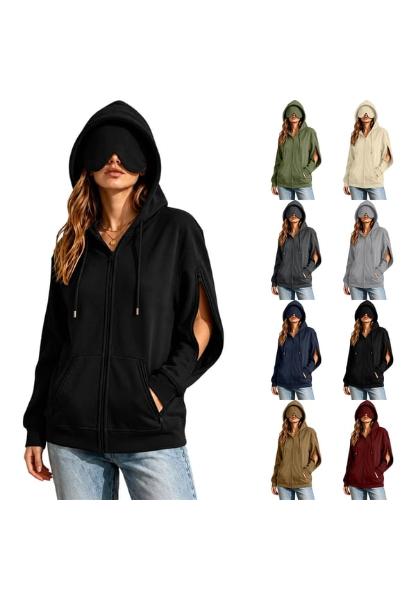 Women's Zip Up Hoodie With Built-In Sleep Mask Side Zipper Long Sleeve Tops Soft Hooded Jacket With Pockets