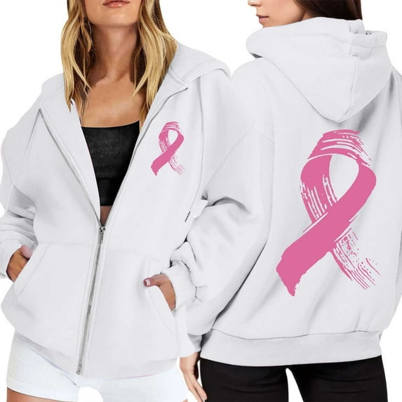 Women's Zip Up Hoodie With Pockets Breast Cancer Awareness Pullover Long Sleeve Drawstring Casual Athletic Sweatshirt