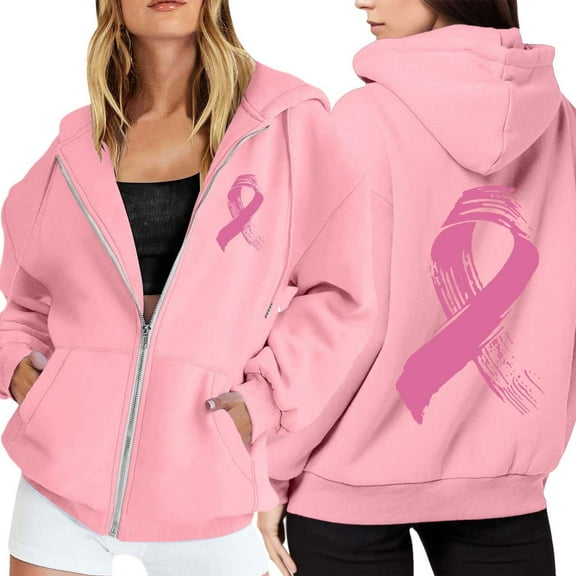 Women's Zip Up Hoodie With Pockets Breast Cancer Awareness Pullover Long Sleeve Drawstring Casual Athletic Sweatshirt