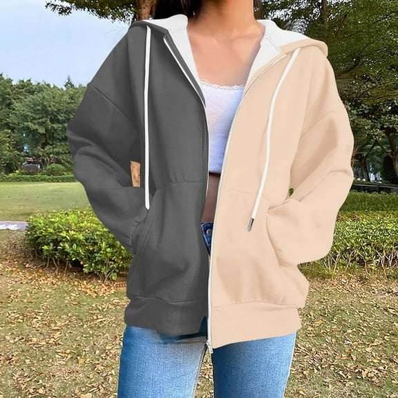 Women's Zip Up Hoodies Color Block Crewneck Pullover Y2K Oversized Sweatshirt Loose Trendy Fall Casual Jackets for Streetwear