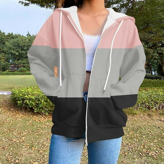 Women's Zip Up Hoodies Color Block Crewneck Pullover Y2K Oversized Sweatshirt Loose Trendy Fall Casual Jackets for Streetwear