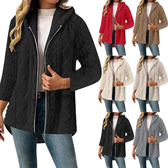Women's Zip-Up Hoodies Dqueduo Women's Double-Sided Fleece Zip-Up Hooded Coat – Cardigan-Style Mid-Length Outerwear with Pockets Black XL