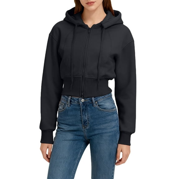 Women's Zip Up Hoodies Long Sleeve Crop Tops Solid Color Casual Drawstring Hooded Fleece Sweatshirt Jackets with Pockets Fall Clothes Black L