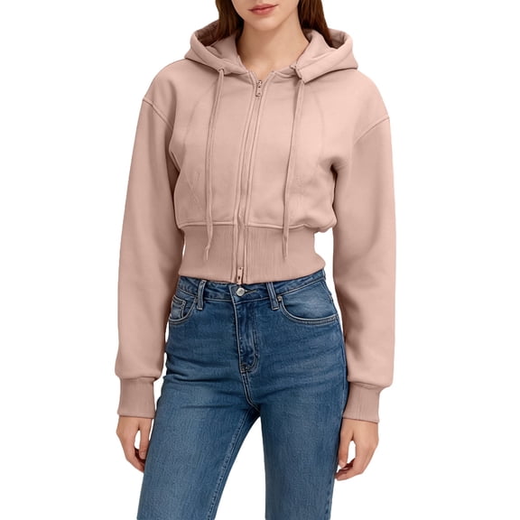 Women's Zip Up Hoodies Long Sleeve Crop Tops Solid Color Casual Drawstring Hooded Fleece Sweatshirt Jackets with Pockets Fall Clothes Light Pink M