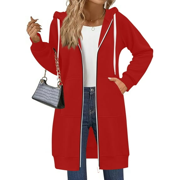 Women's Zip Up Hoodies Long Sleeve Tunic Hooded Sweatshirt Fall Long Trench Coat Lightweight Cardigan Jacket With Pockets Red L