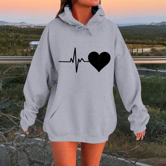 Women's Zip-Up Hoodies Ndbuld Women's Fashion Casual Ladies Printed Long Sleeve Tops Blouse Hooded Sweatshirts Gray M