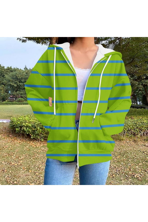 Women's Zip Up Hoodies Ndbuld Women's Fashion Casual Ladies Printed Long Sleeve Tops Blouse Hooded Sweatshirts Green M