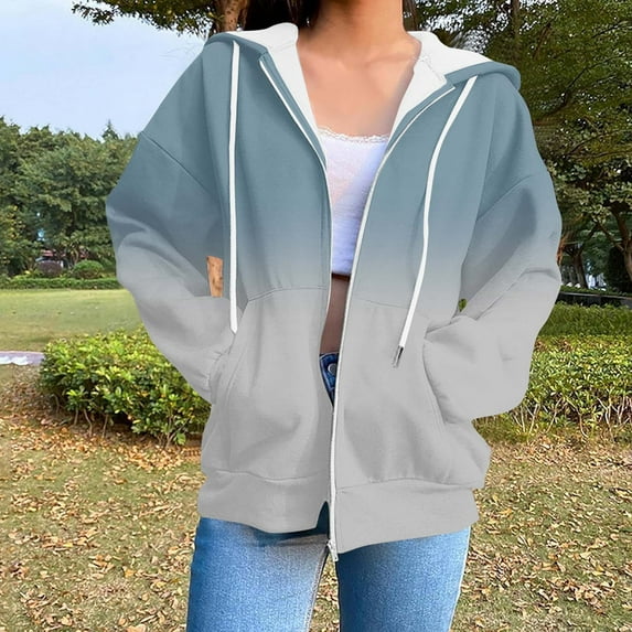 Women's Zip Up Hoodies Ndbuld Women's Fashion Casual Ladies Printed Long Sleeve Tops Blouse Hooded Sweatshirts Navy M